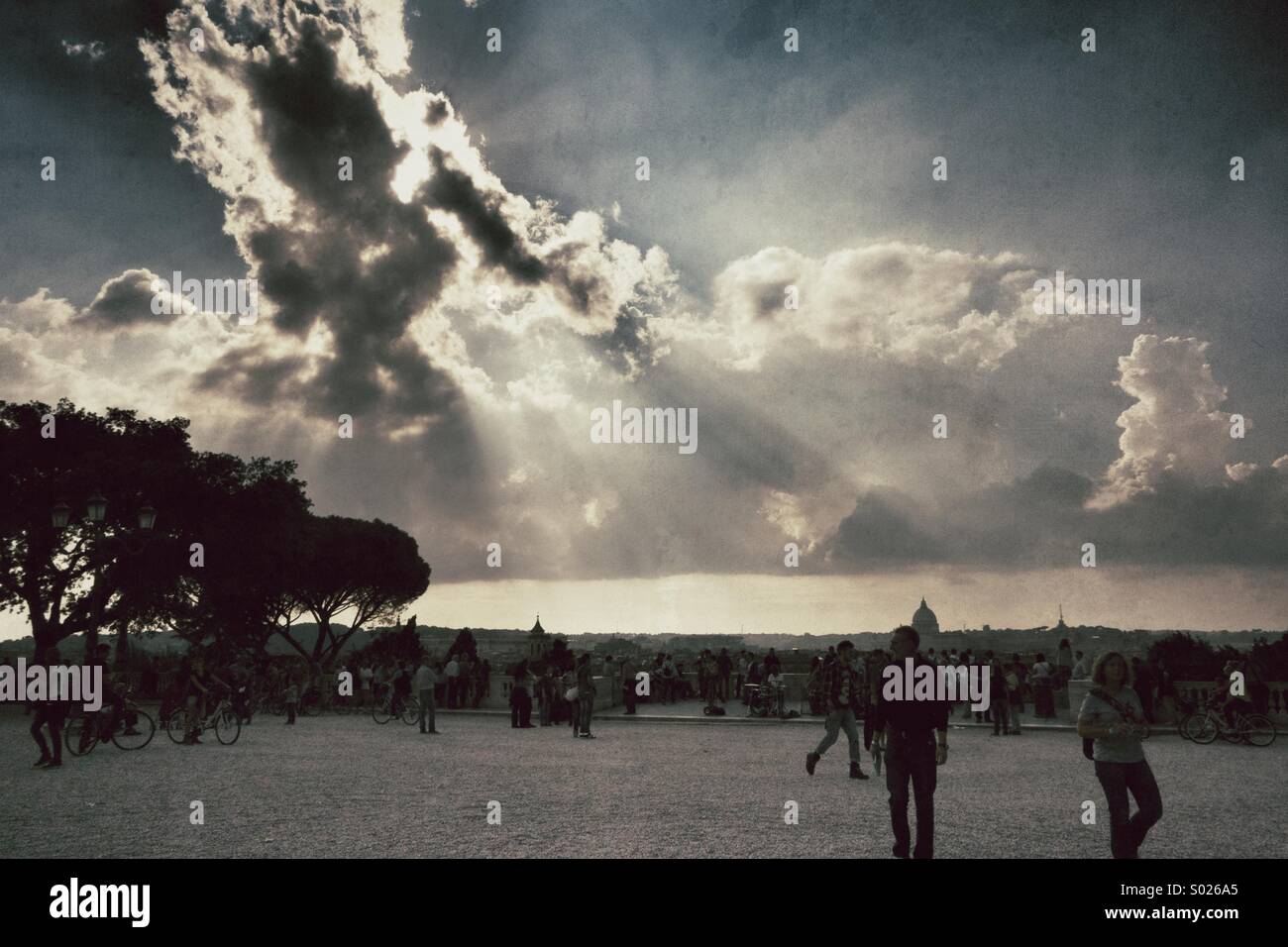 Dramatic skies over the Janiculum Hill on Rome, Italy - Smartphone Captured Stock Image