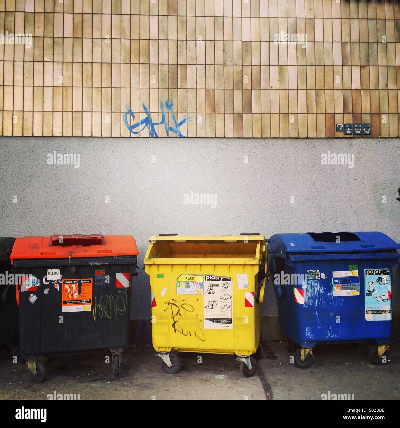 Three different types of trash cans for separate garbage collection in Prague, Czech Republic
