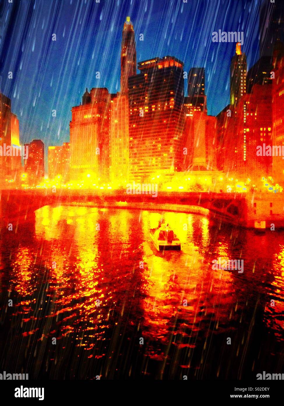 Chicago river and city with night rain effect Stock Photo
