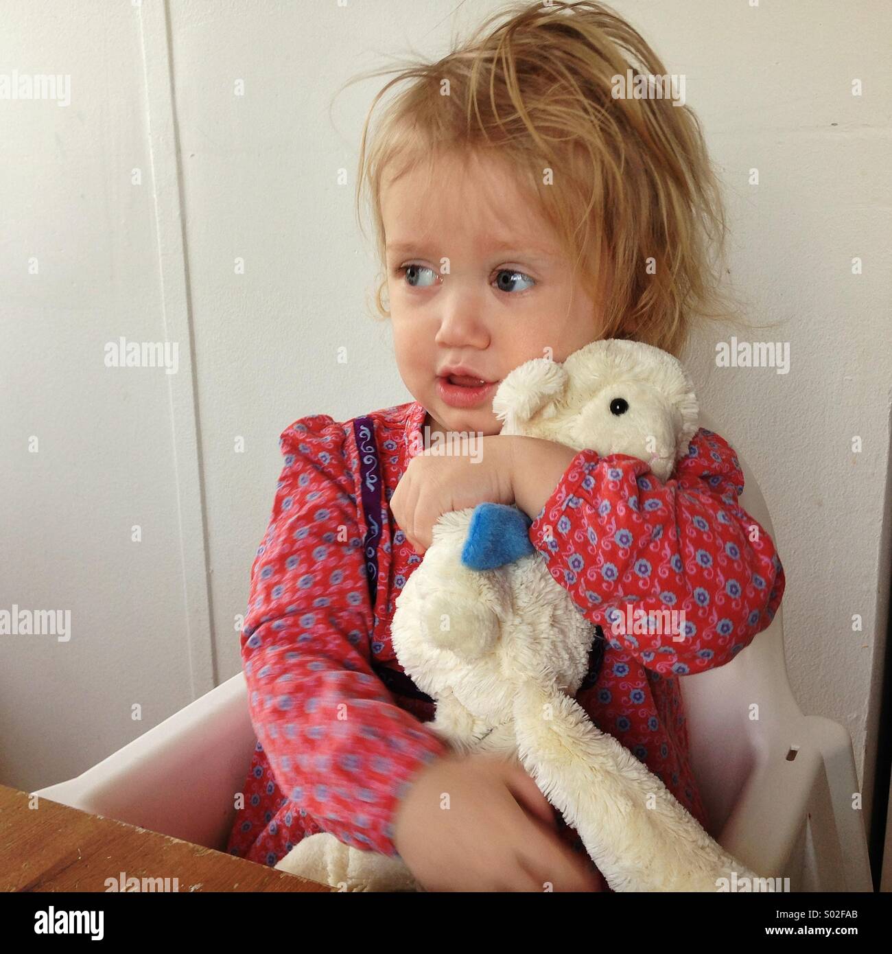 Toddler holding her teddybear Stock Photo