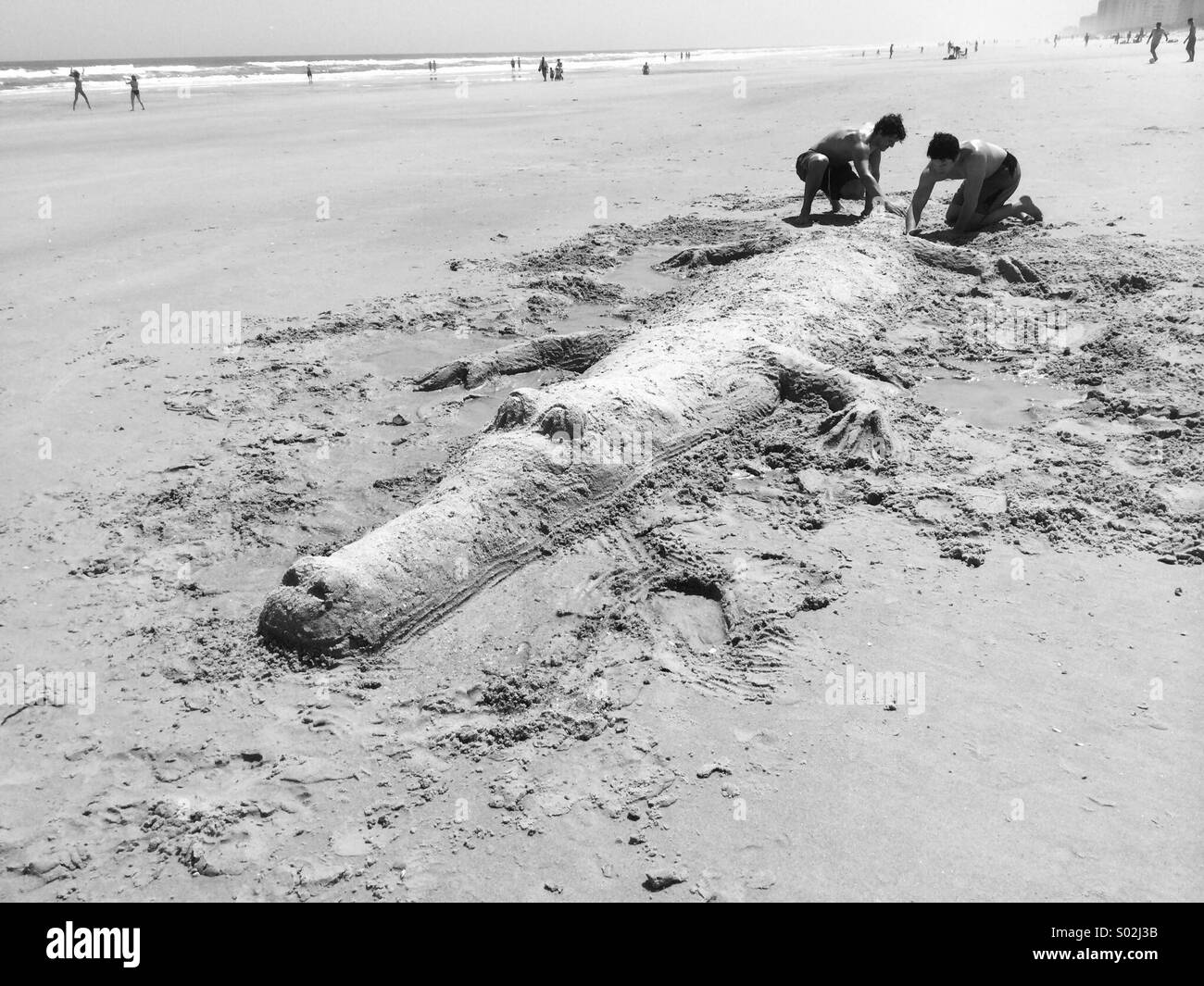 Two young men making a sand sculpture of an alligator, Jacksonville Beach, Florida Stock Photo