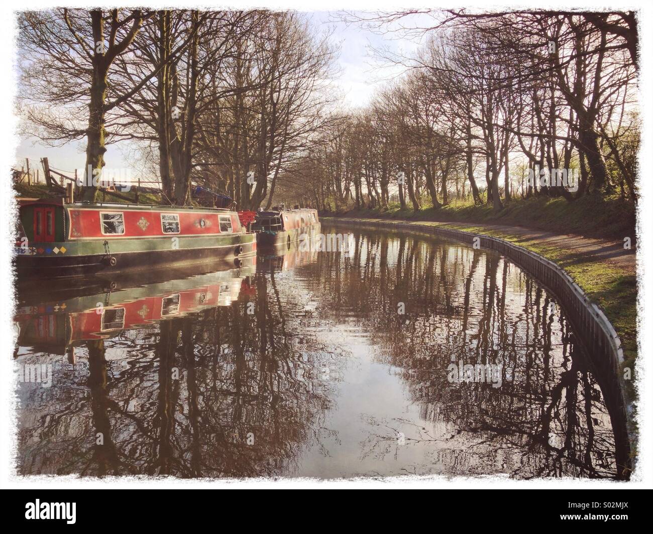 Narrow boats moored on Leeds Liverpool canal at Adlington , Lancashire - Smartphone Captured Stock Image