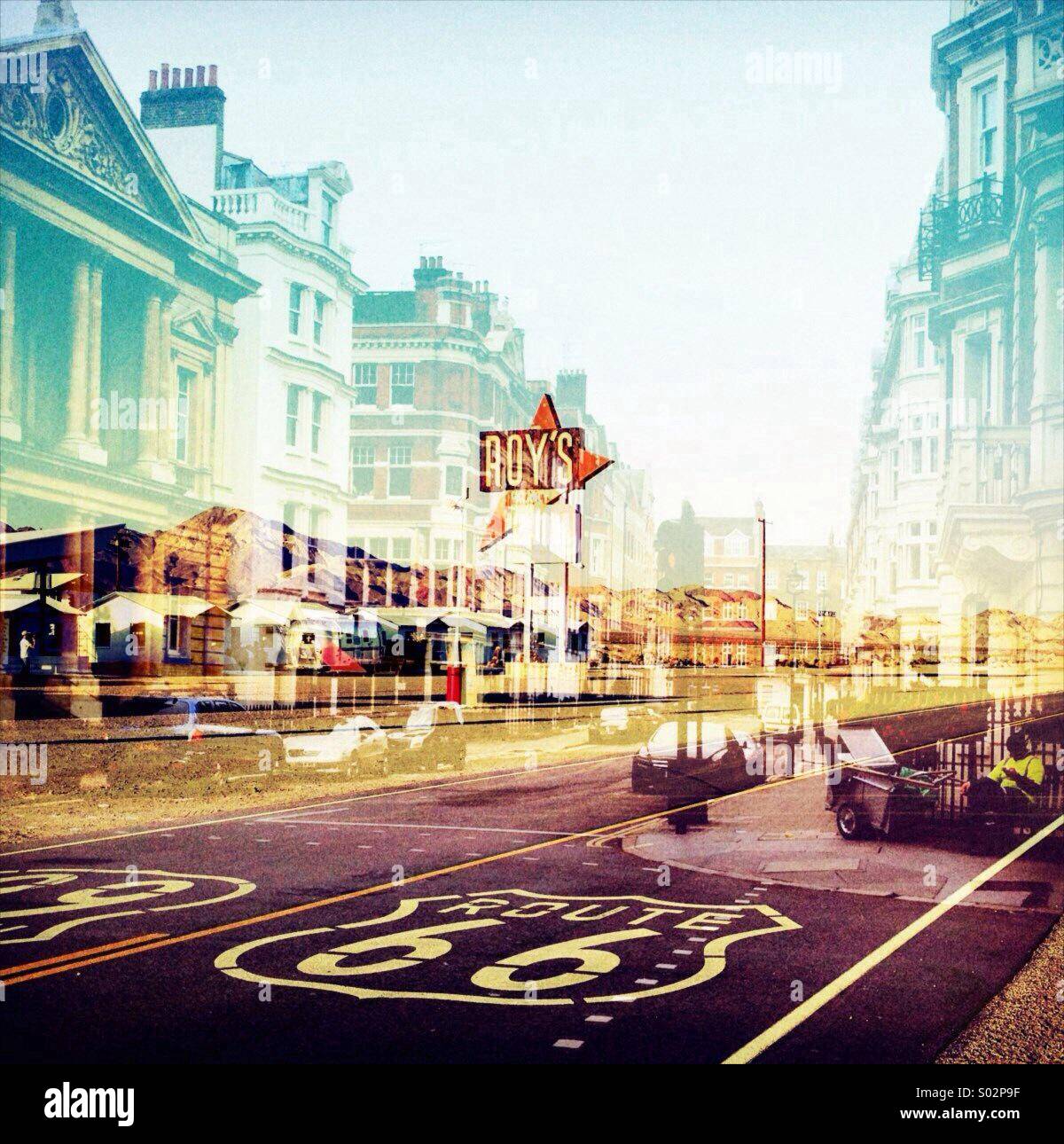 A colourful double exposure of Route 66 (USA) and bond street (London) Stock Photo