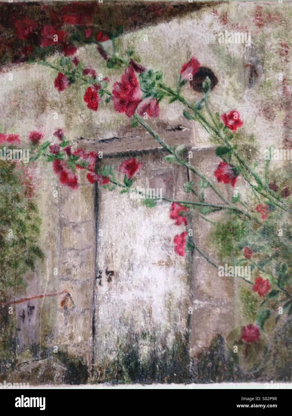 Painting of Hollyhocks and Garden Shed - Smartphone Captured Stock Image