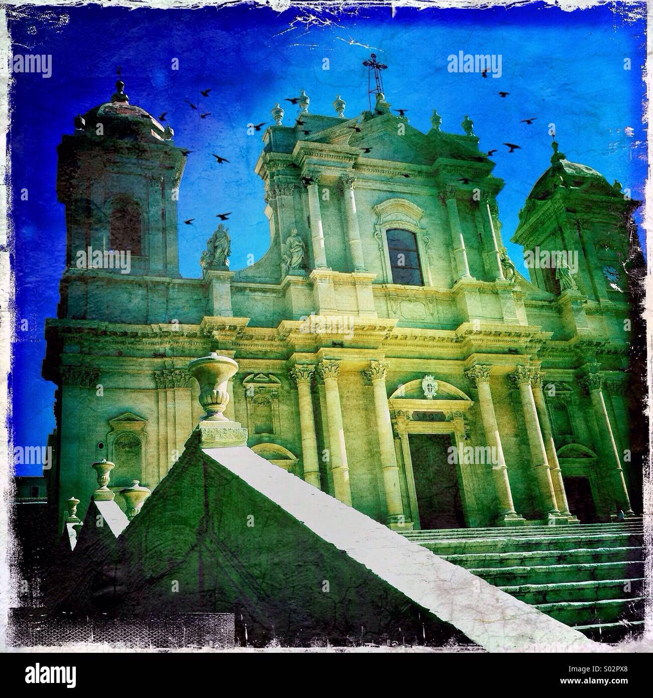 Morning light shines on the beautiful restored cathedral in Noto Sicily - Smartphone Captured Stock Image