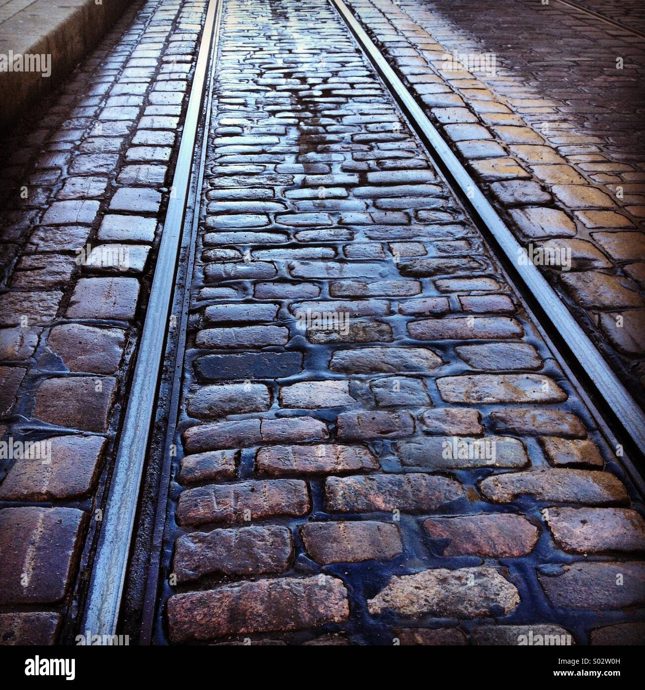 Wet tramlines rail tracks in the centre of Helsinki - Smartphone Captured Stock Image
