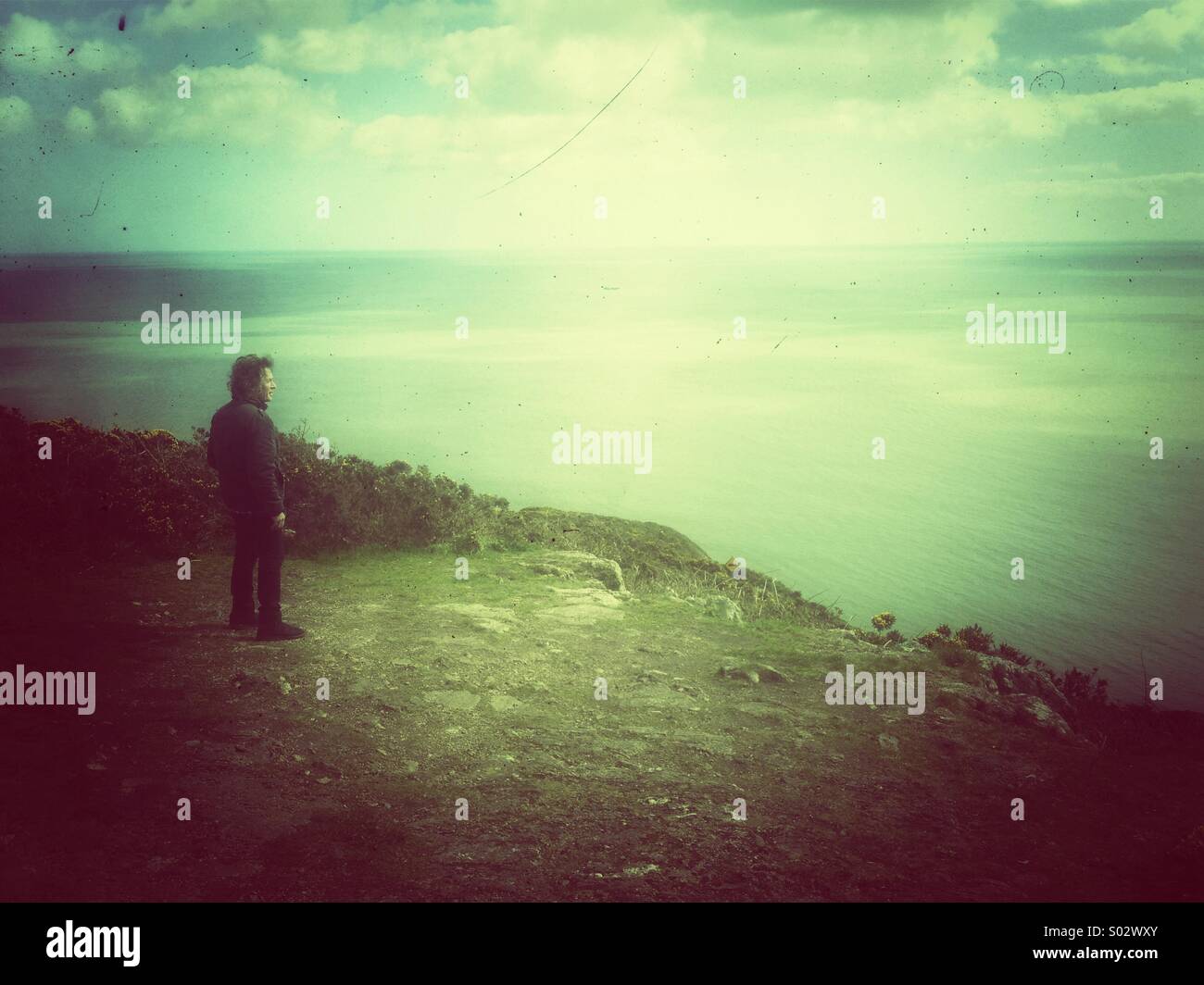 Looking out to sea, man on coastal cliff, Howth Head, Dublin, Ireland