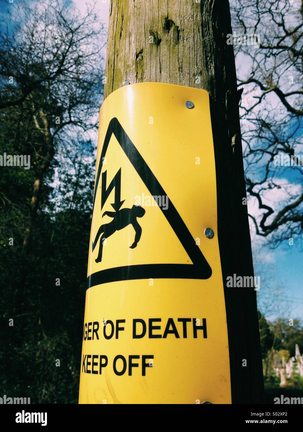 Warning sign of electric shock in wood utility pole Stock Photo