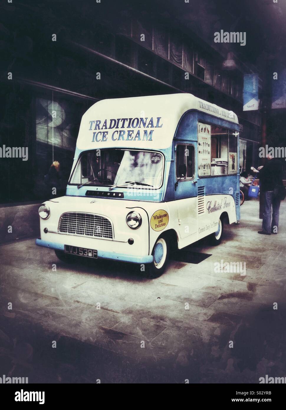 Old fashioned Ice Cream van selling  ice cream at Stratford, London - Smartphone Captured Stock Image