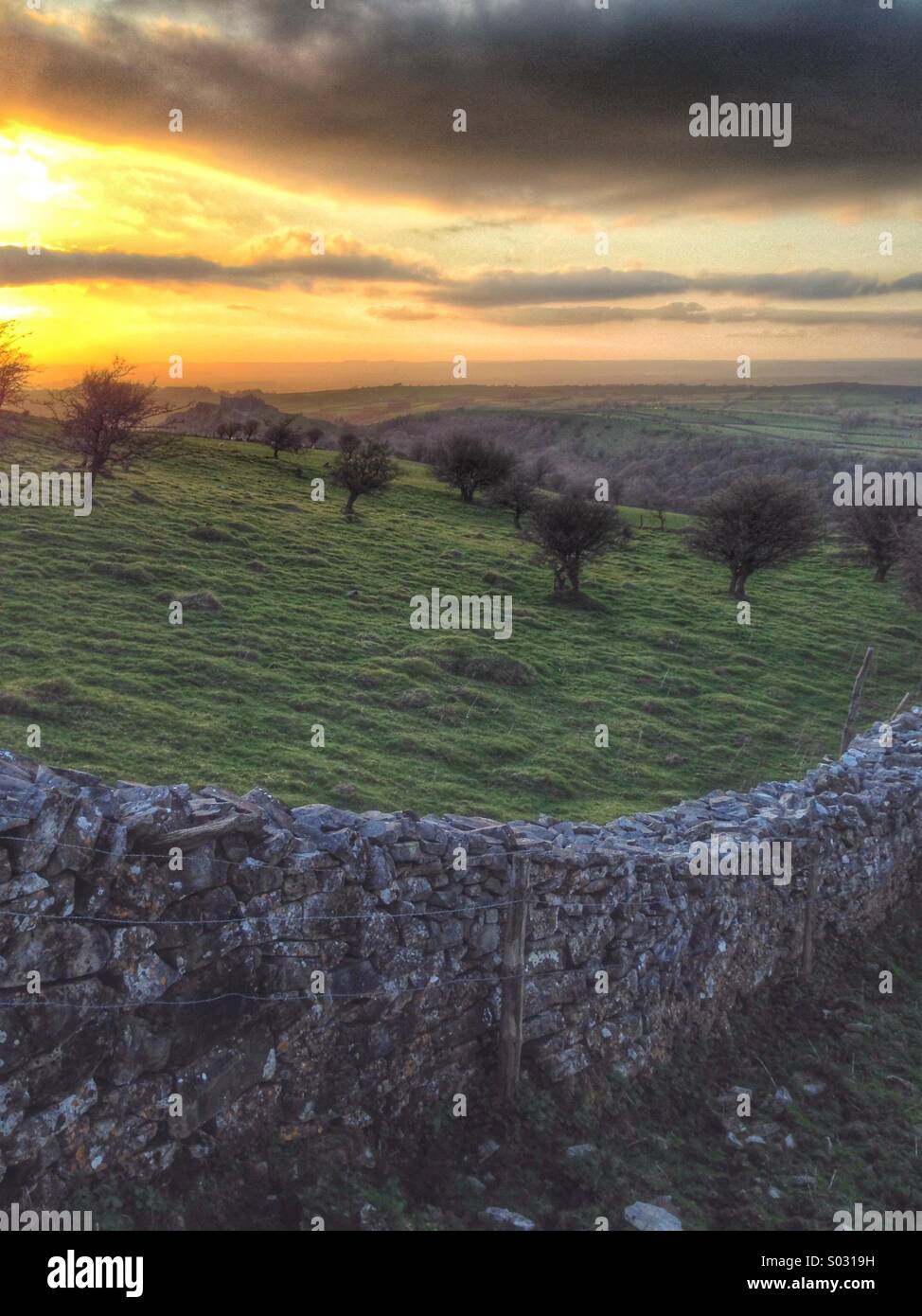 Stone wall in the Brecon Beacons at sunset. - Smartphone Captured Stock Image