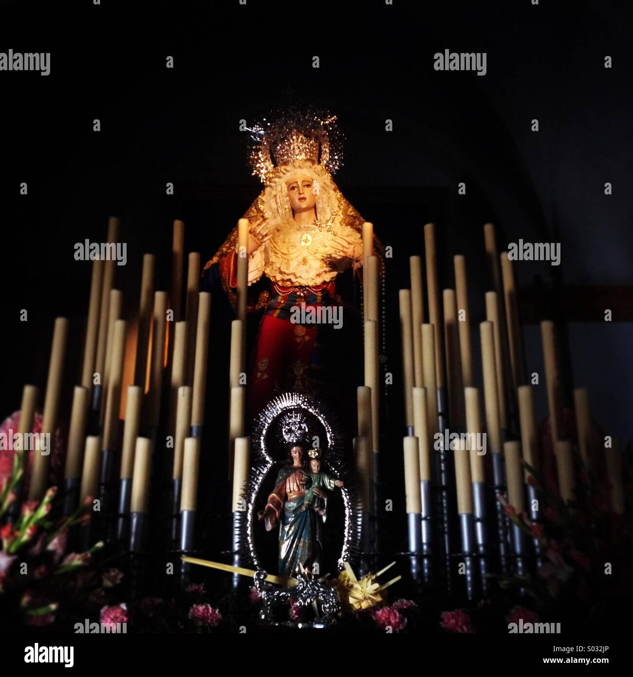The image of the Virgin of the Dulce Nombre ( Holy Name) is displayed during Easter Palm Sunday in Prado del Rey, Sierra de Cadiz, Andalusia, Spain Stock Photo