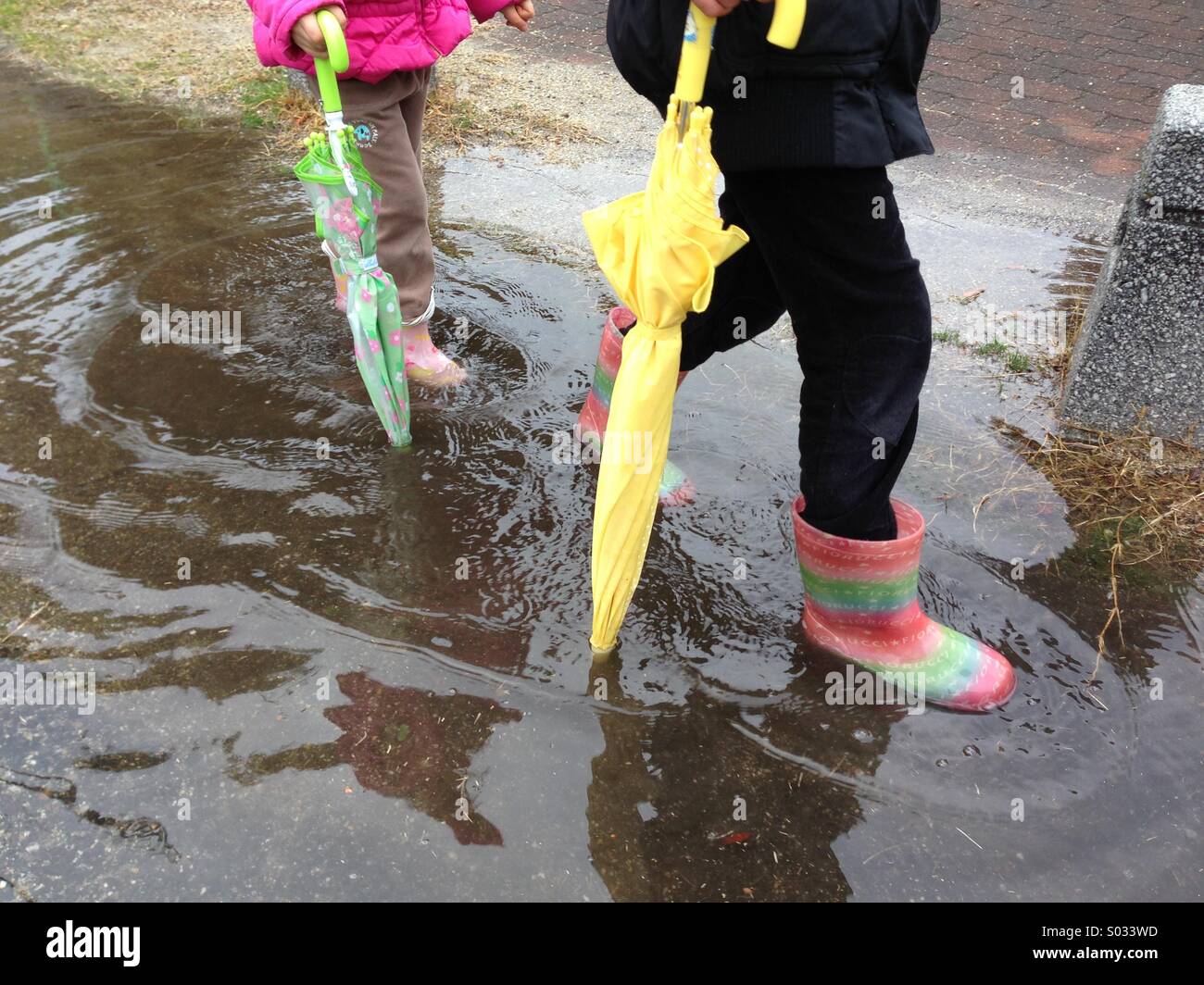 Two children wearing wellingtons and holding umbrellas walk through a puddle. Stock Photo
