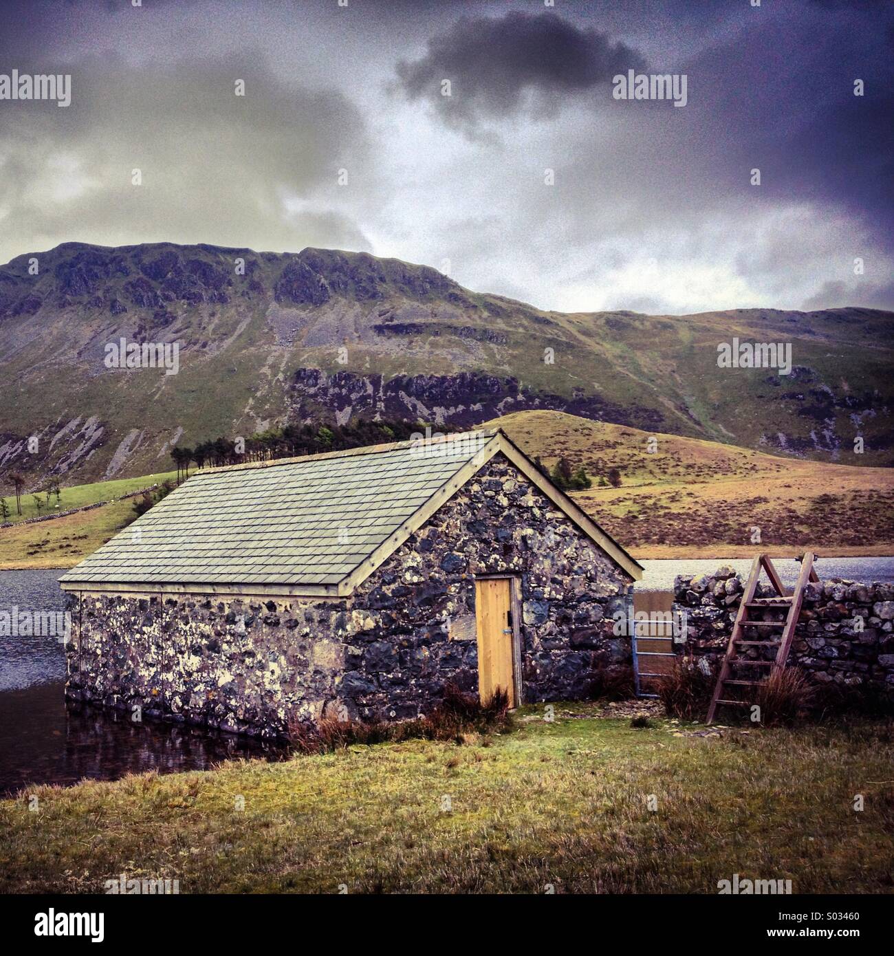 The Boathouse, Gregennen Lake, Snowdonia National Park, North Wales, UK - Smartphone Captured Stock Image