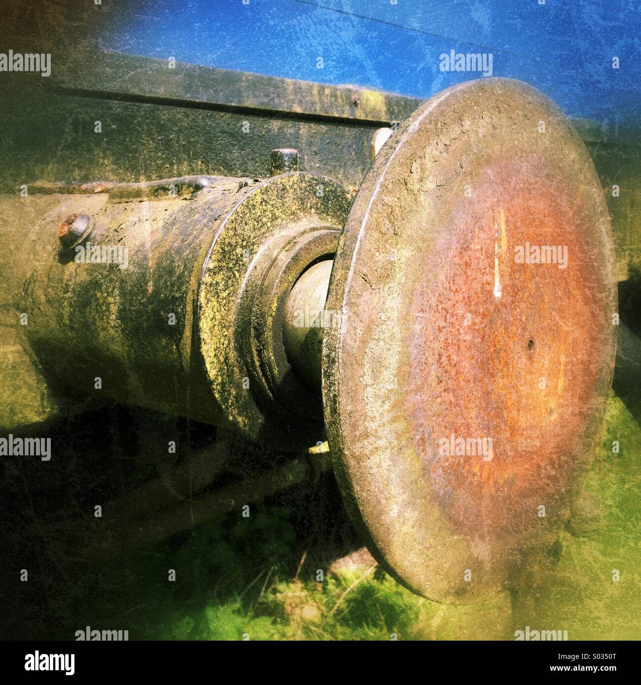 Old rusty and grungy railway train buffer Stock Photo
