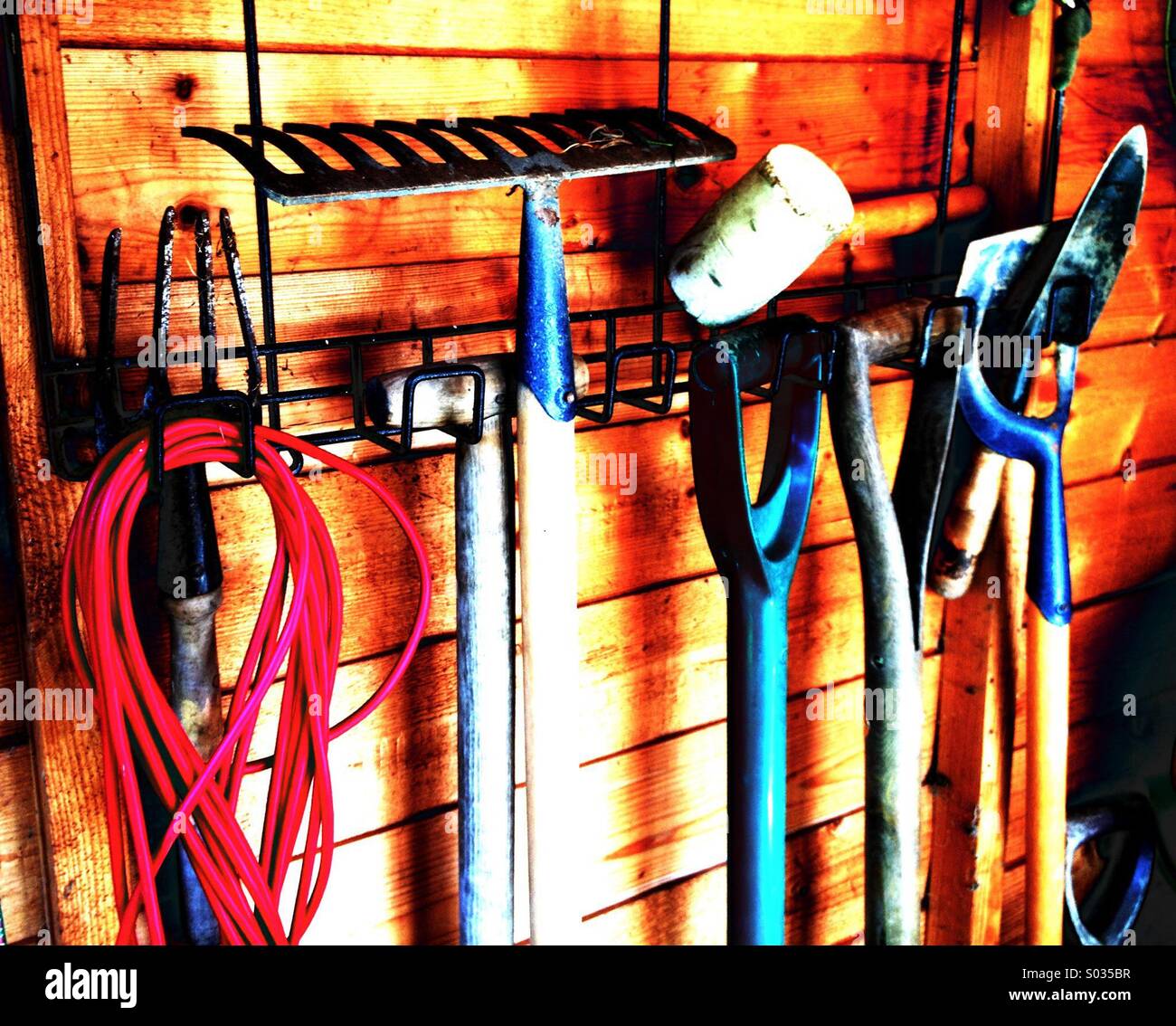 Garden Tools in Shed Stock Photo