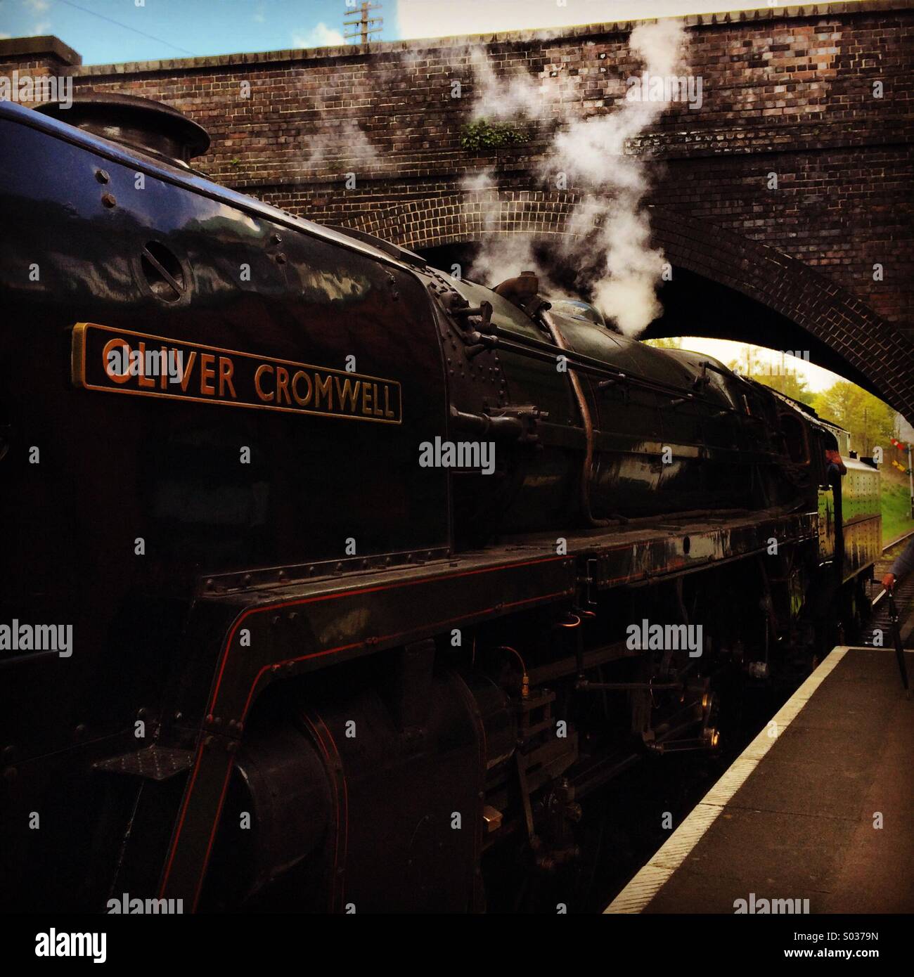 Great Central Railway 'Oliver Cromwell' named locomotive steam engine. - Smartphone Captured Stock Image