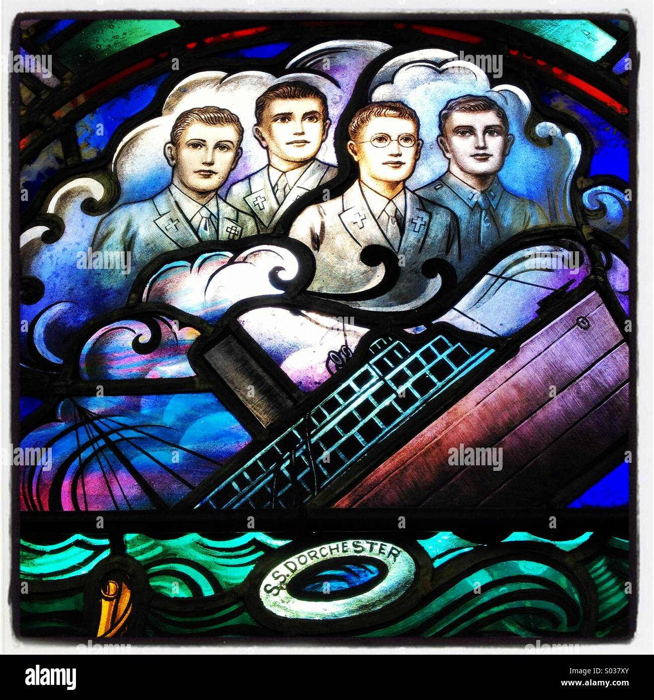 Detail of stained-glass window showing victims of sinking of SS Dorchester Stock Photo