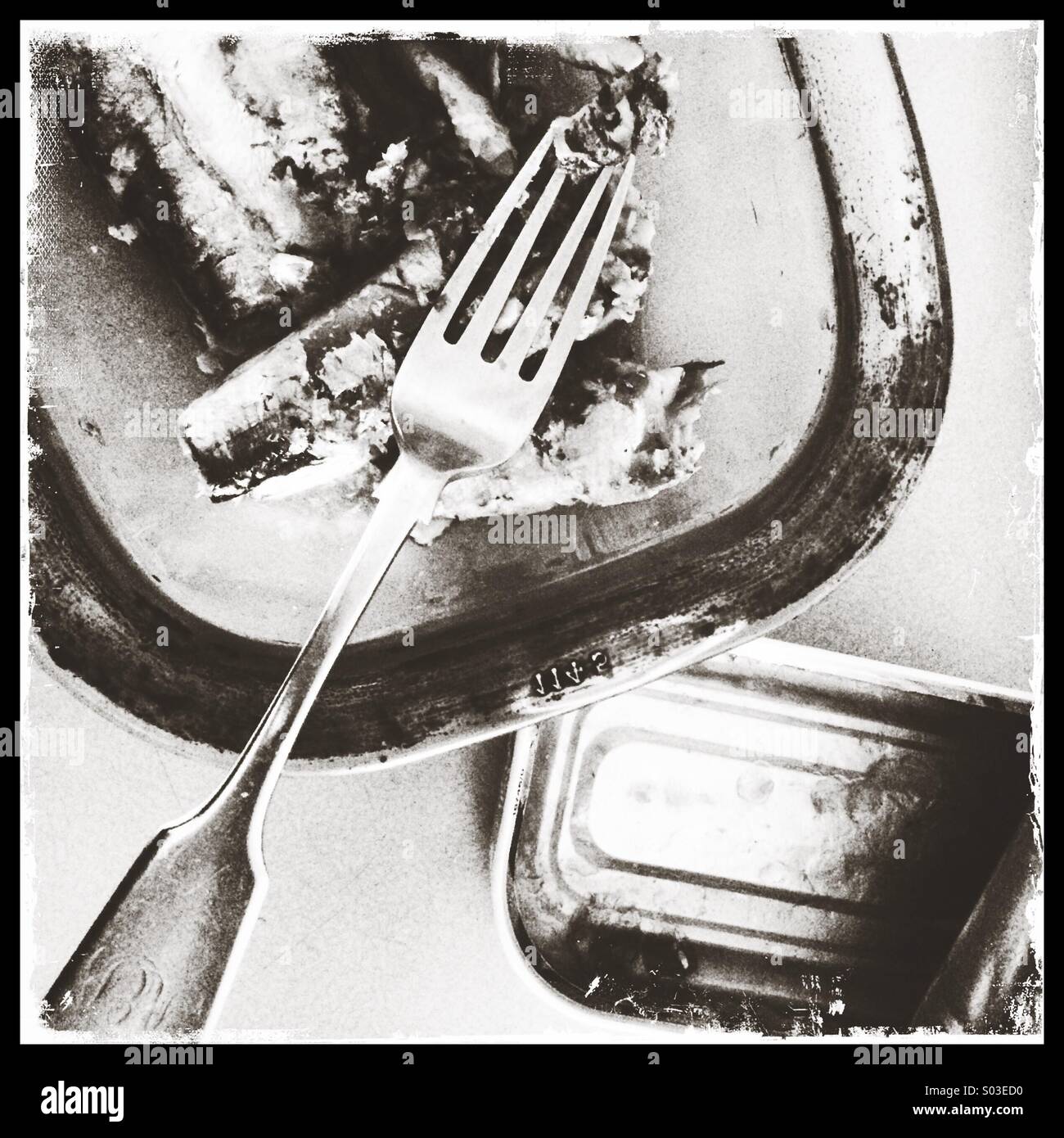 Tinned sardines in bowl with fork - Smartphone Captured Stock Image