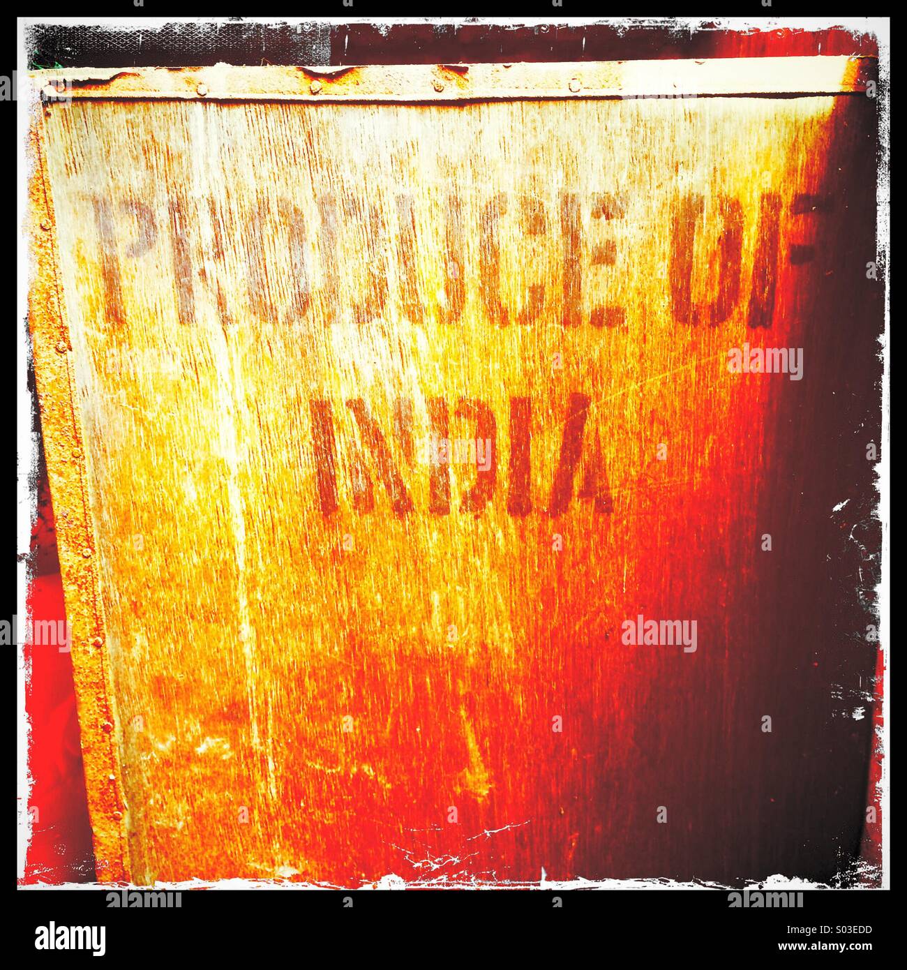 Produce of India written on a tea chest - Smartphone Captured Stock Image