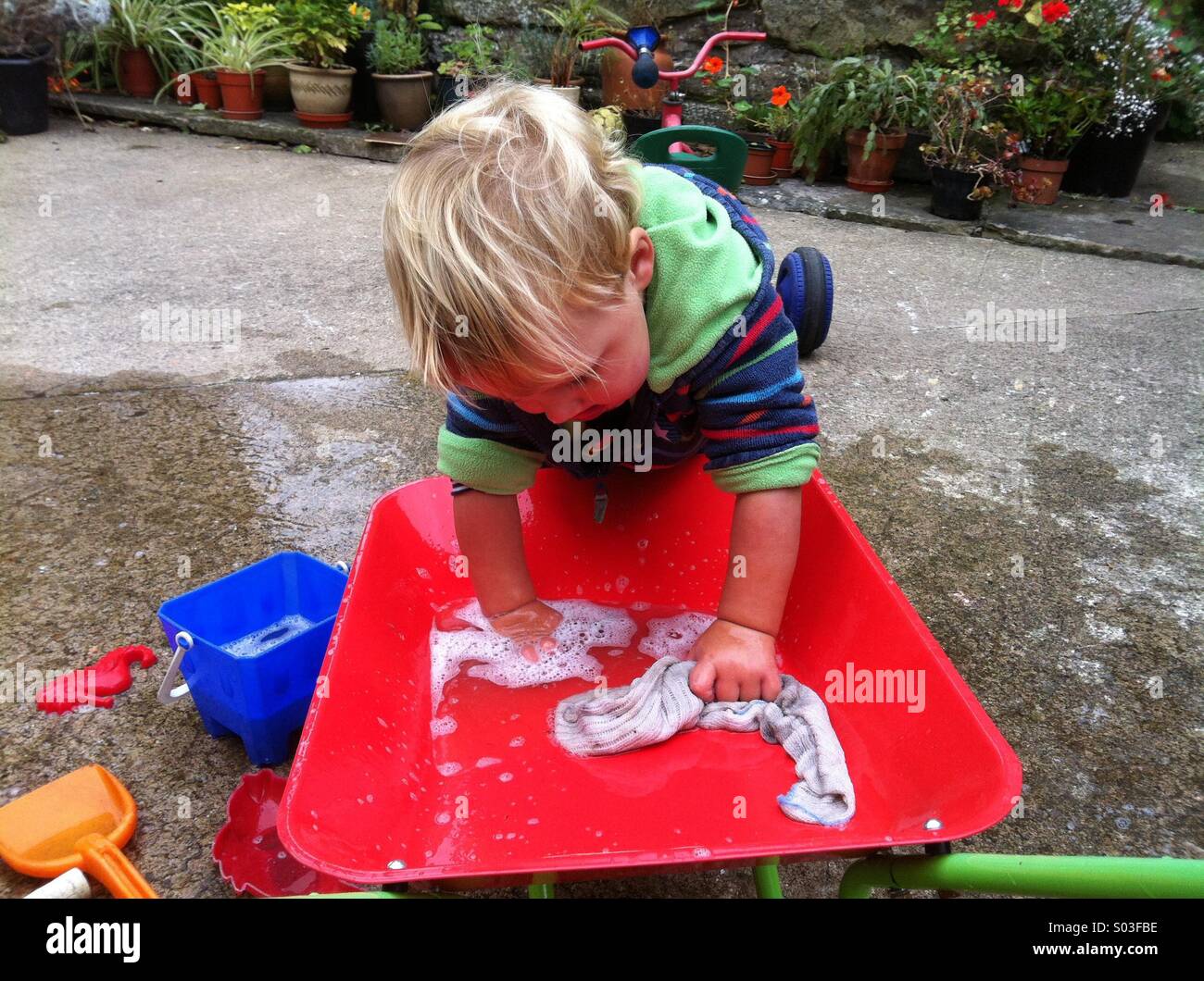 A young boy about two years old washes his red wheel barrow Stock Photo