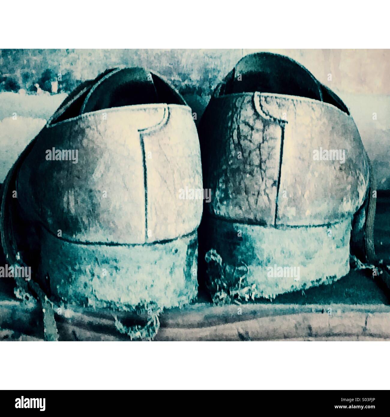Pair of old muddy gardening shoes on shelf in shed - Smartphone Captured Stock Image