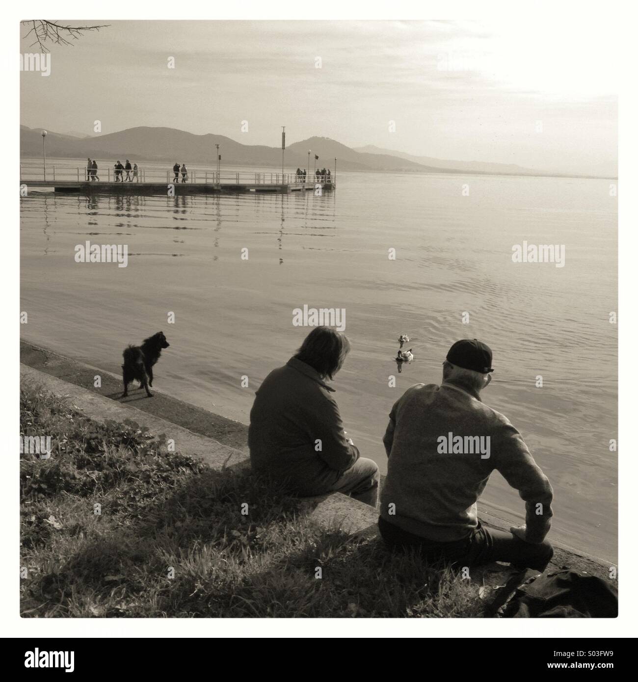 a couple seen from behind sitting on the lakefront of Lake Trasimeno - Smartphone Captured Stock Image