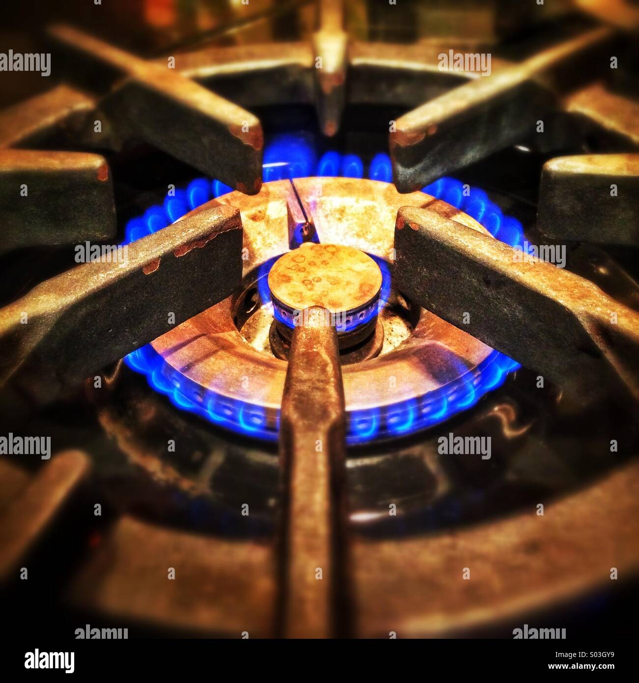 Gas range with blue flame Stock Photo Alamy