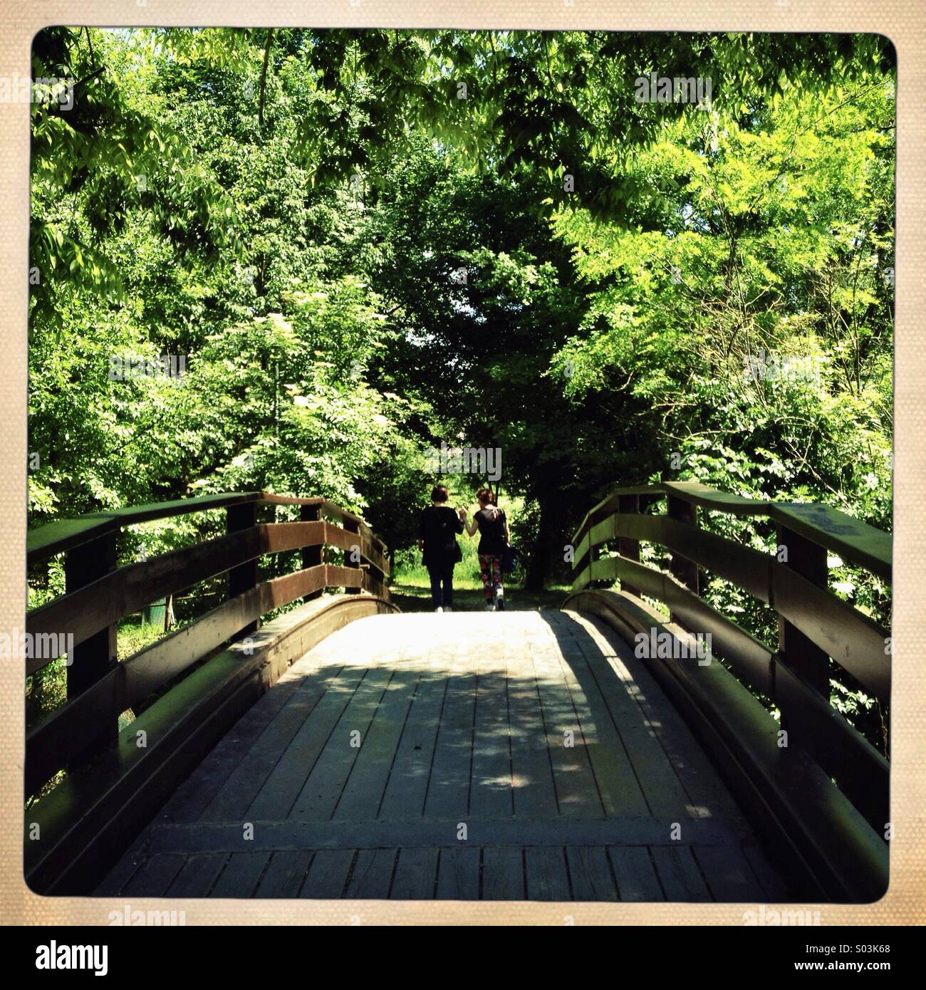 Two friends crossing a bridge in a garden holding hands - Smartphone Captured Stock Image