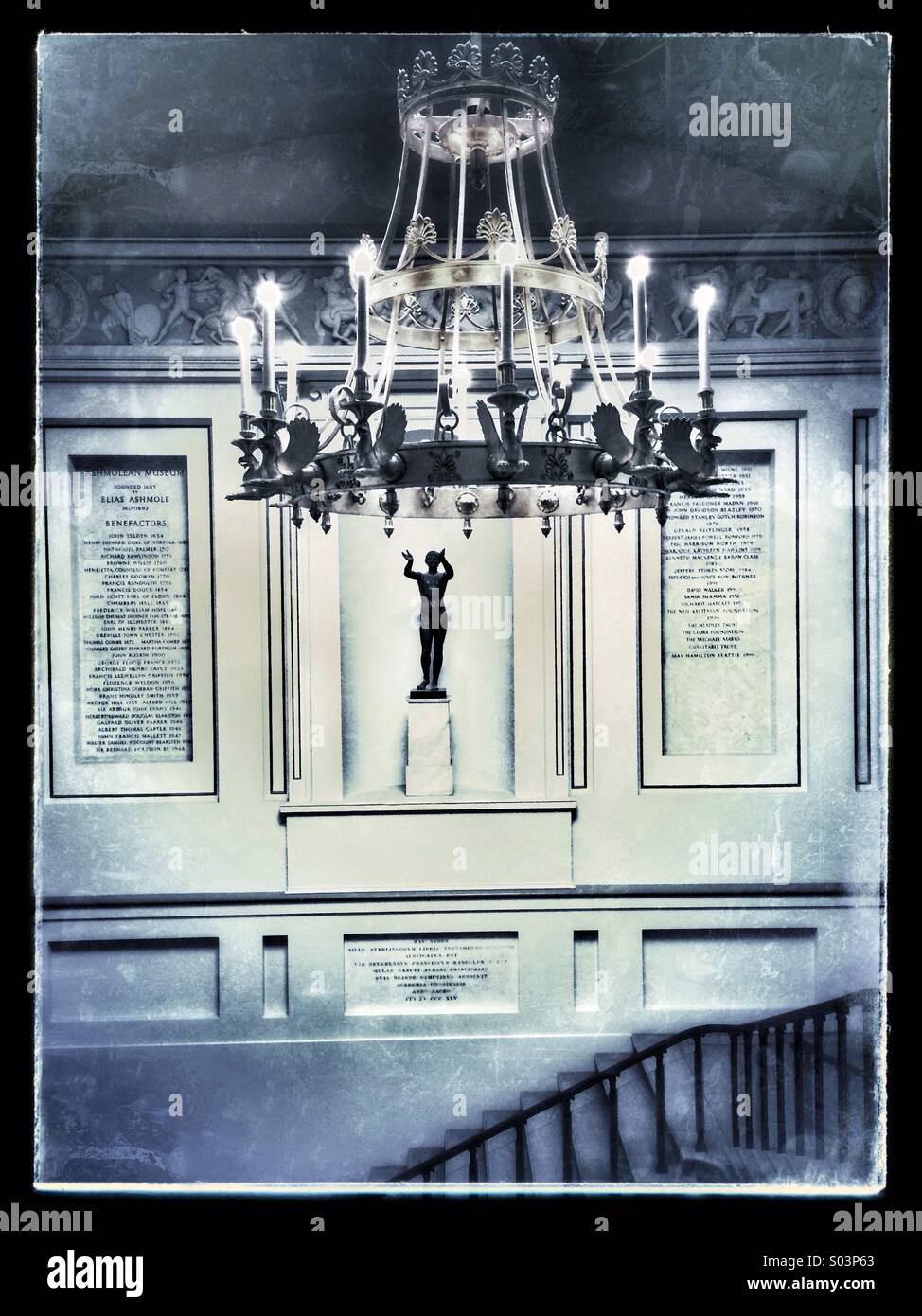 Staircase and chandelier at The Ashmolean Museum University of Oxford