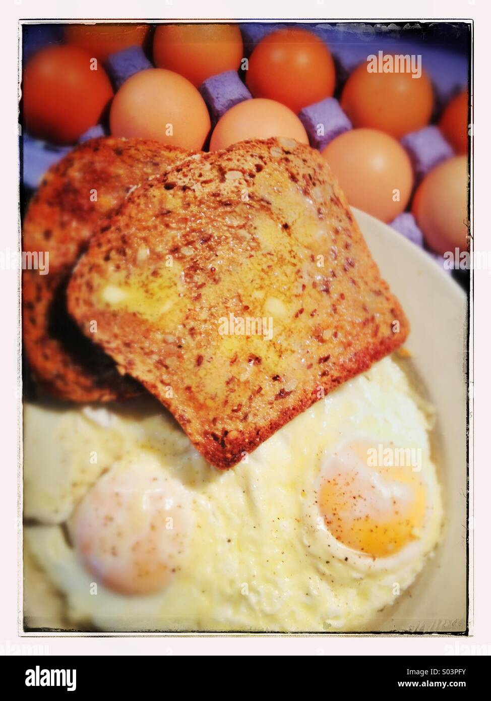Plate of fried eggs with whole-grain toast, carton of brown organic eggs behind on counter - Smartphone Captured Stock Image