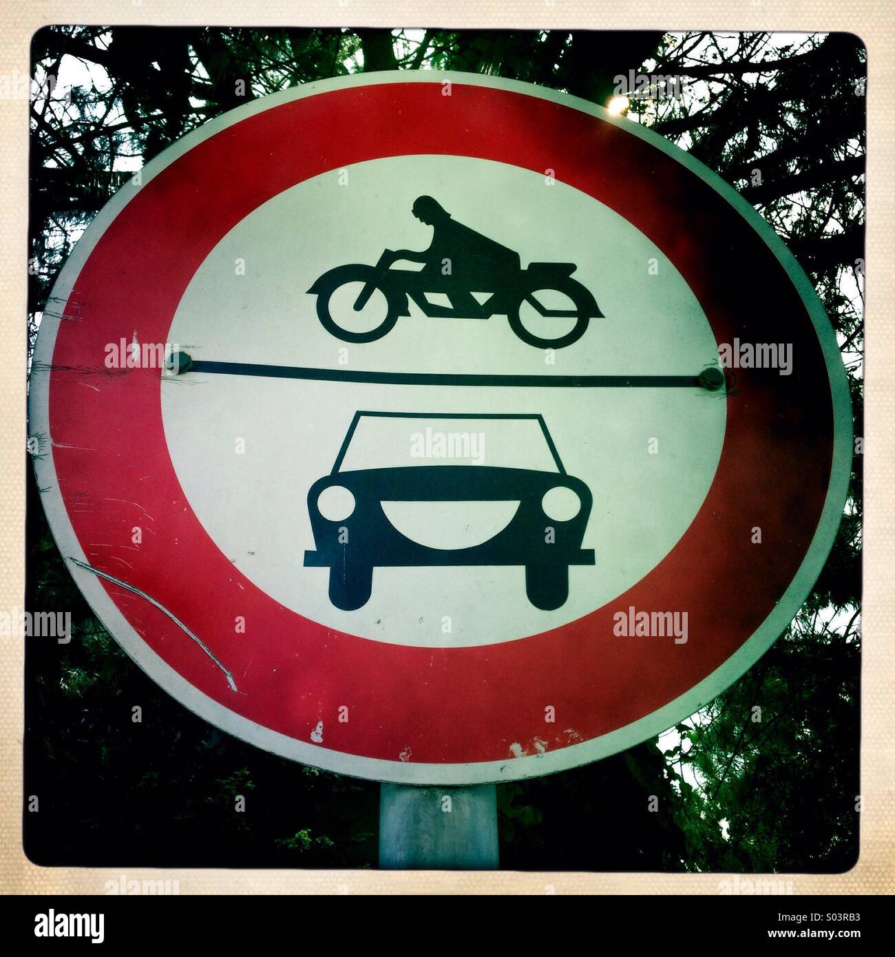 outdated german street sign: no motorcycles, no cars - Smartphone Captured Stock Image