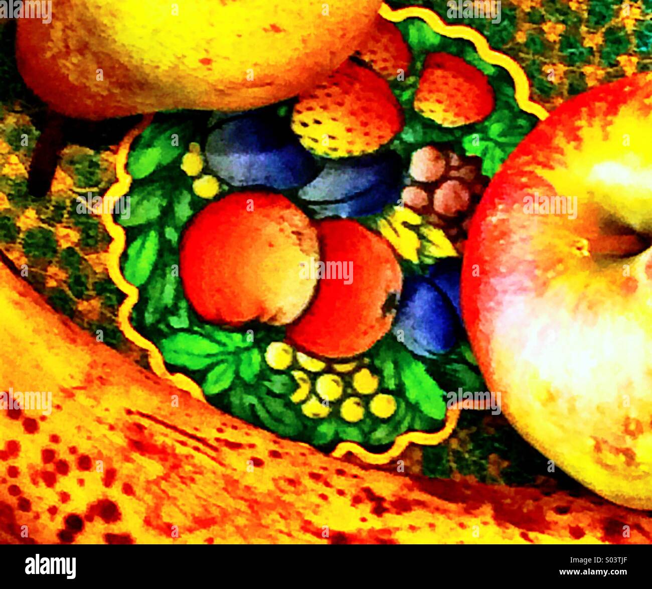 Ceramic bowl with painted and fresh fruit - Smartphone Captured Stock Image