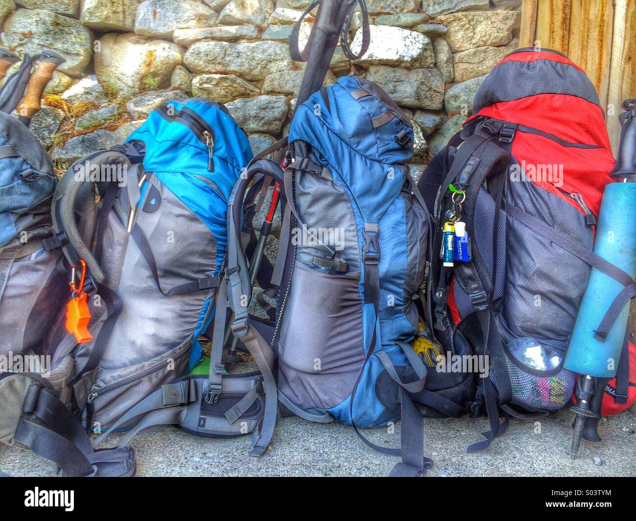 Backpacks in a row Stock Photo Alamy
