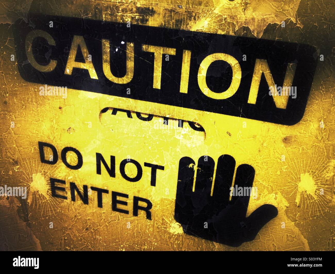 Sign in front of broken elevator door: 'caution – do not enter' - Smartphone Captured Stock Image