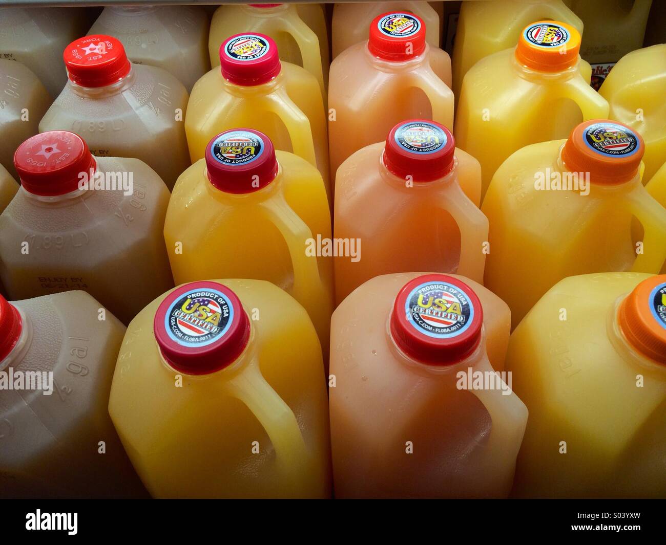 fruit juices at grocery store Stock Photo