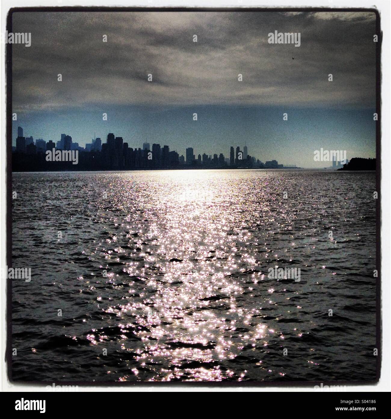 New York City and the Hudson River, with sunlight on the water and