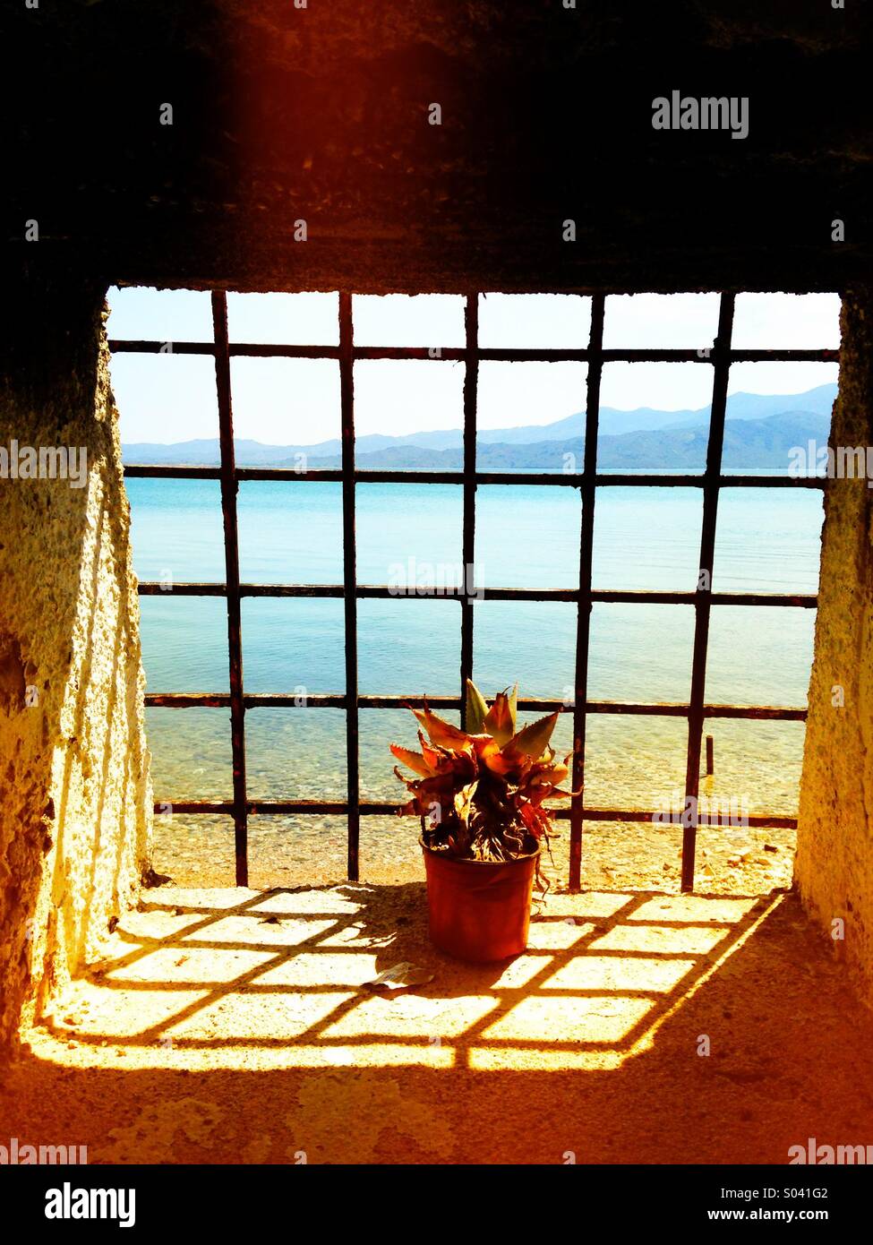 View out the window of a Greek hammam onto the Aegean Sea - Smartphone Captured Stock Image