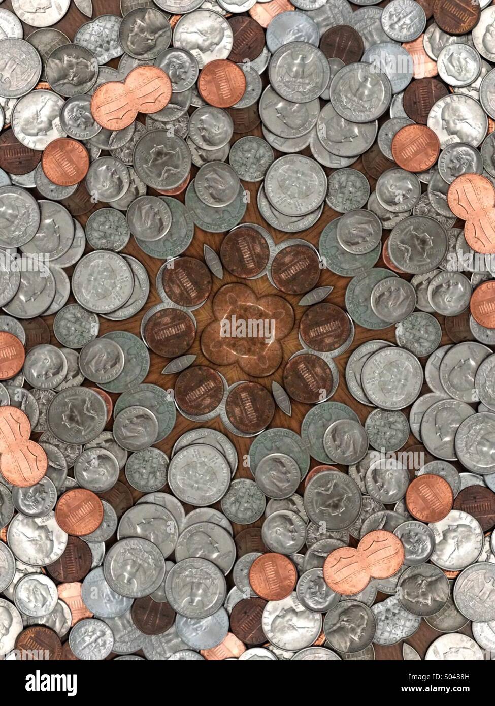 A kaleidoscope image made from coins - quarters, dimes, nickels, pennies - Smartphone Captured Stock Image