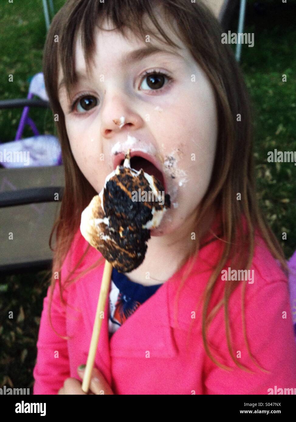 Little Caucasian toddler girl eating a marshmallow at a picnic in a pink sweater. Stock Photo