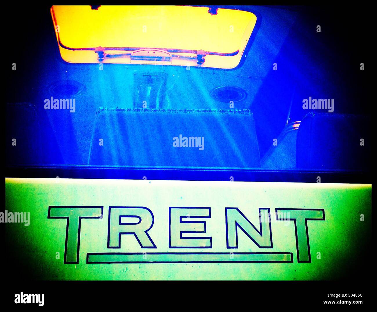 Vintage Trent Barton bus company sign and sunroof Stock Photo