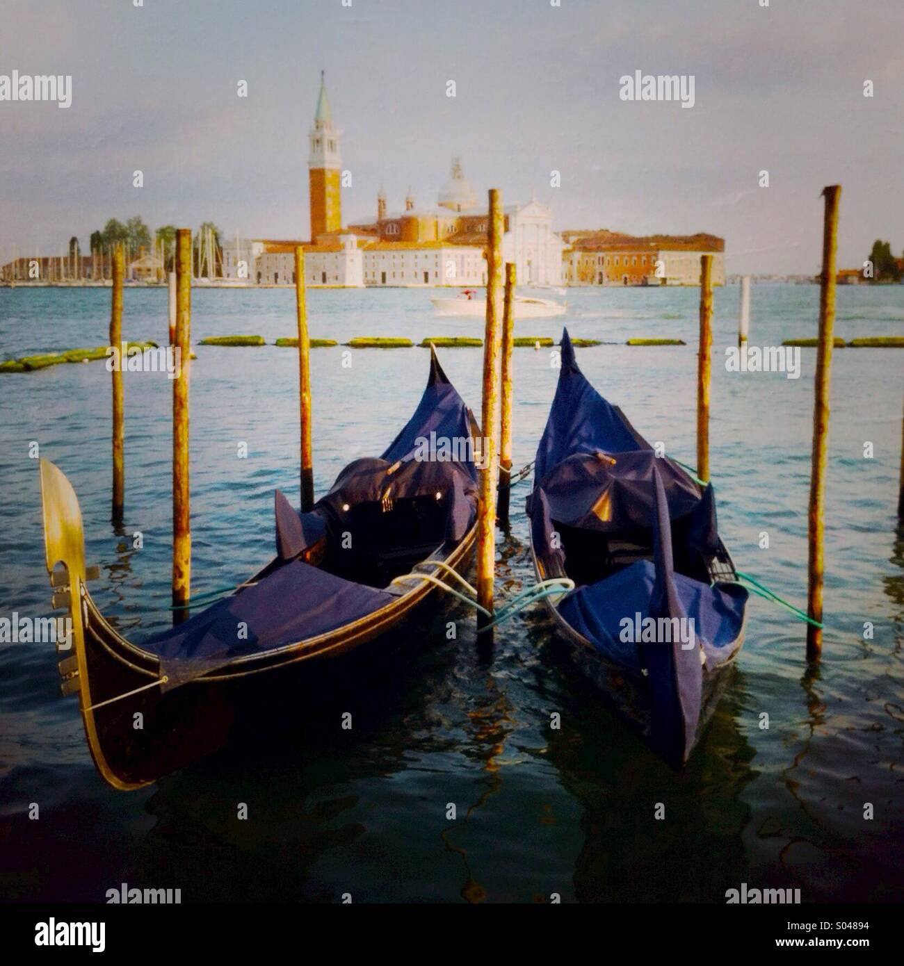 Two empty gondolas on the gran canal. Venice Italy Europe Stock Photo ...