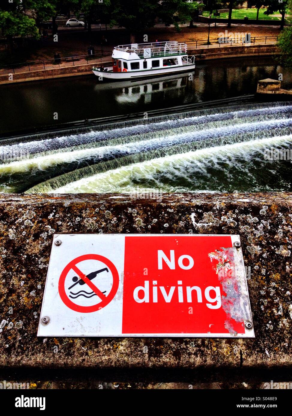 No Diving sign at River Avon in Bath Somerset - Smartphone Captured Stock Image