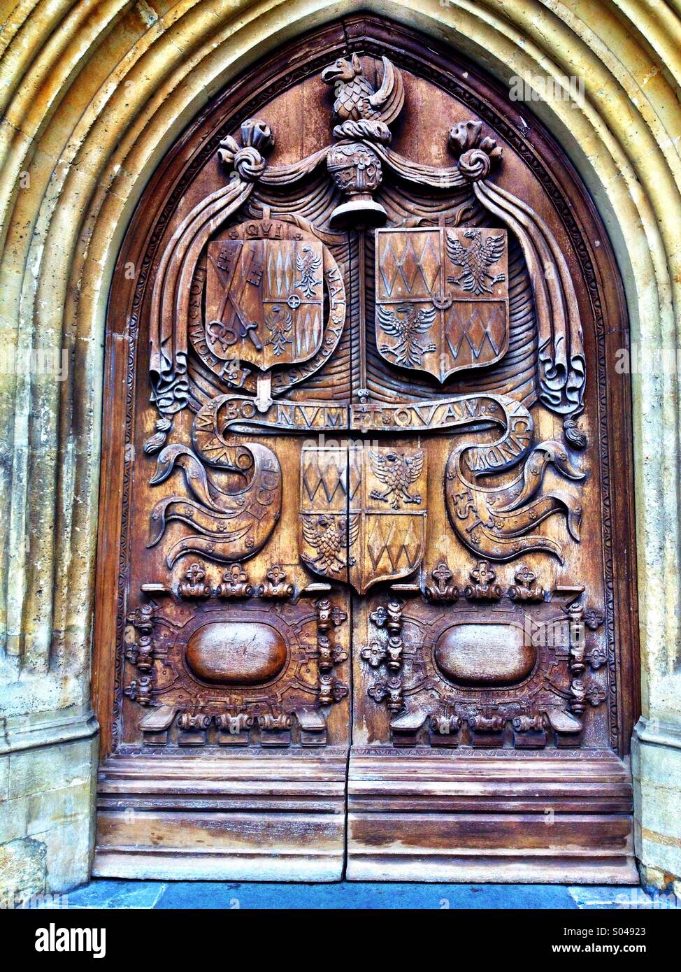 Bath Abbey Carved Front Door - Smartphone Captured Stock Image