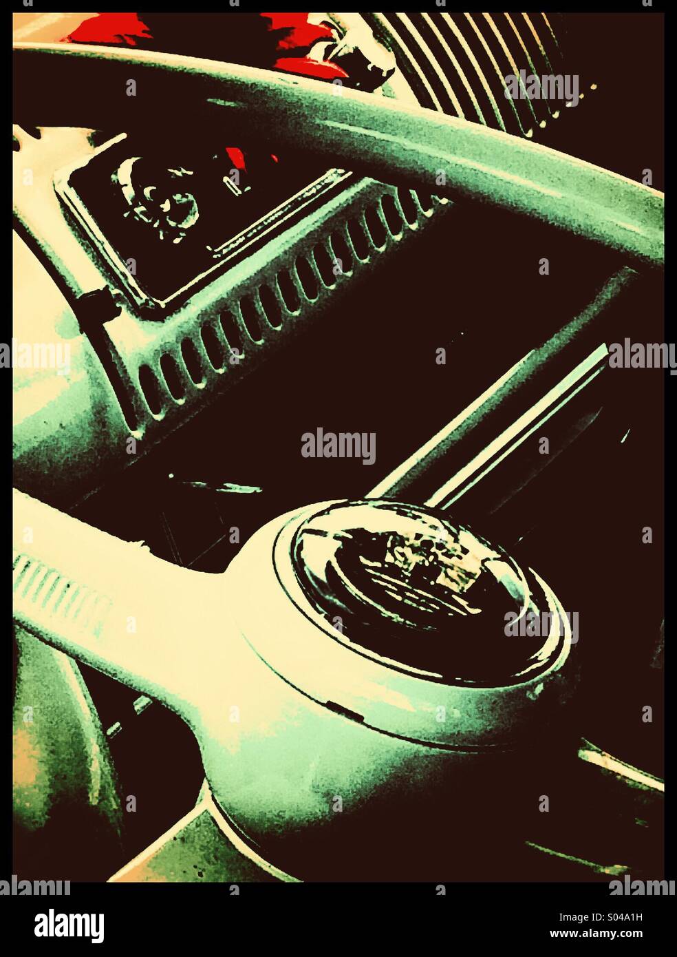 1950's car steering wheel and dashboard detail Stock Photo