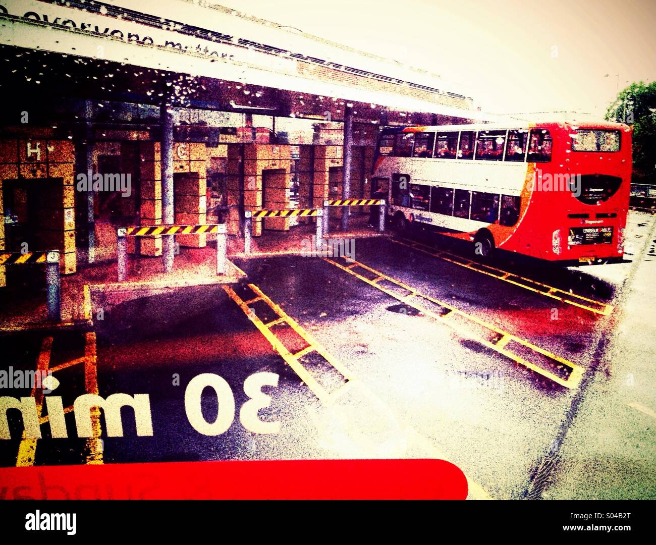 Chorley bus station from top of bus in rain - Smartphone Captured Stock Image