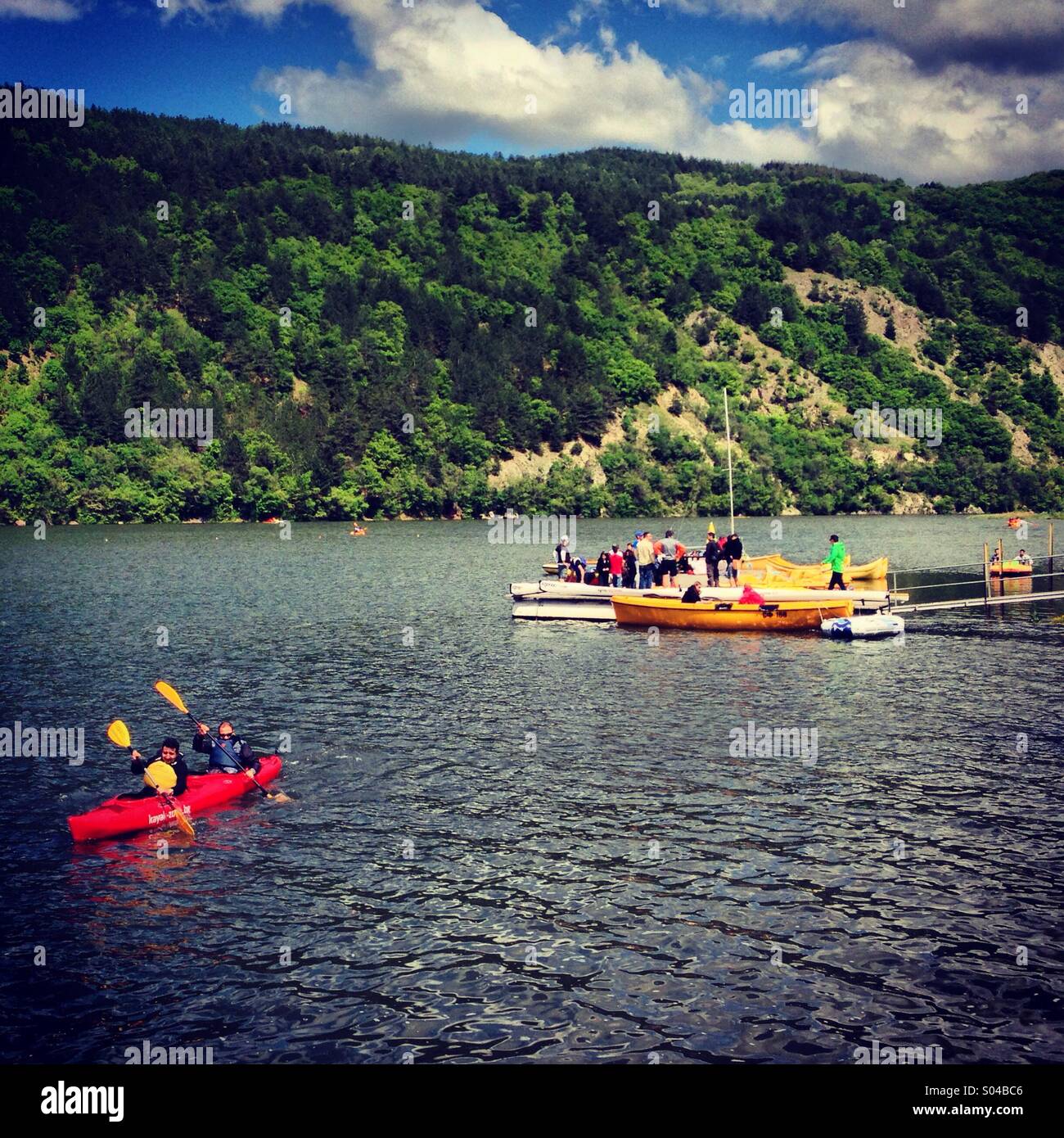 Happy family, Pancharevo lake, Sofia,Bulgaria Stock Photo