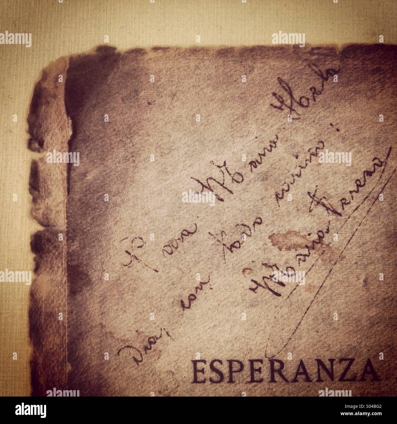 Detail of a dedicated page of a Spanish book reading 'Esperanza', that means hope in Spanish, in Librero en Andanzas used books store in Colonia Roma, Mexico City, Mexico - Smartphone Captured Stock Image