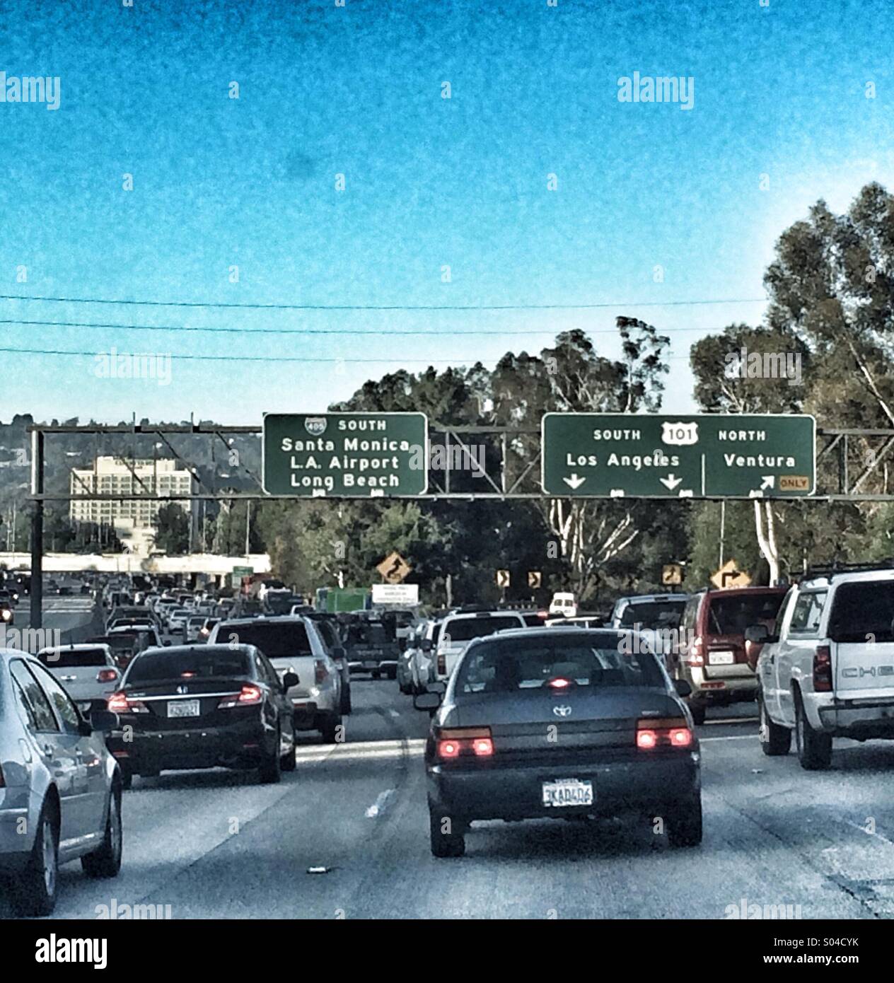 Queue of traffic on the 405 Freeway during morning rush, Los Angeles, California. USA Stock Photo