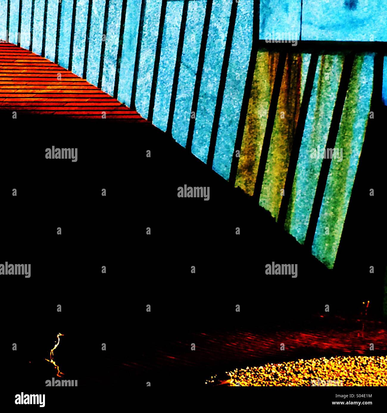 Heron silhouetted and reflected under bridge at night - Smartphone Captured Stock Image