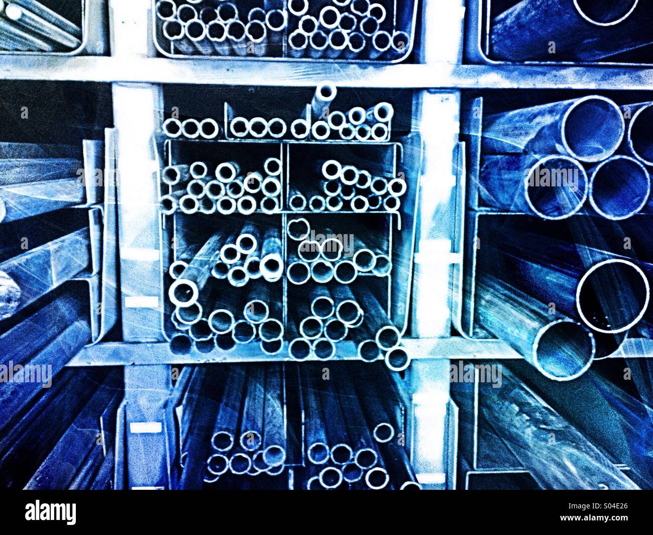 Blue Metal pipes in a rack Stock Photo